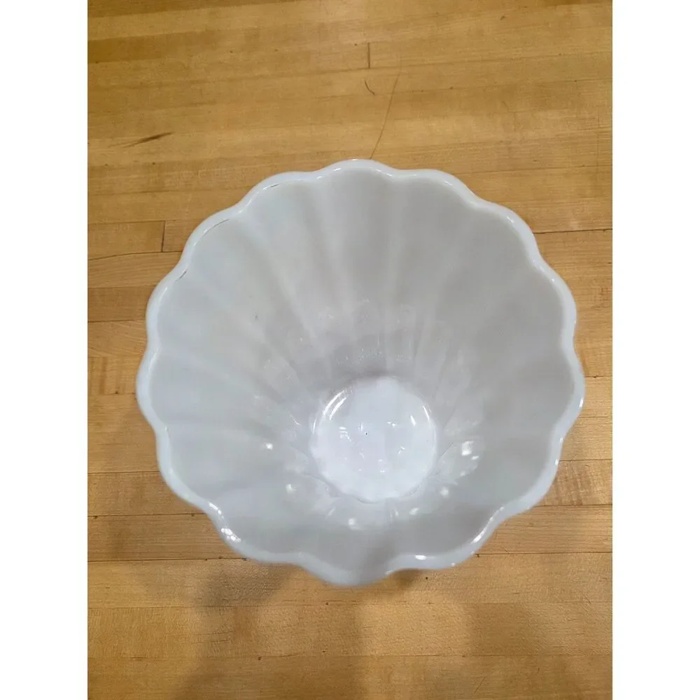 Antique White Milk Glass Fluted Fan Vase Straw Marks Scalloped Edge Antique 7.5